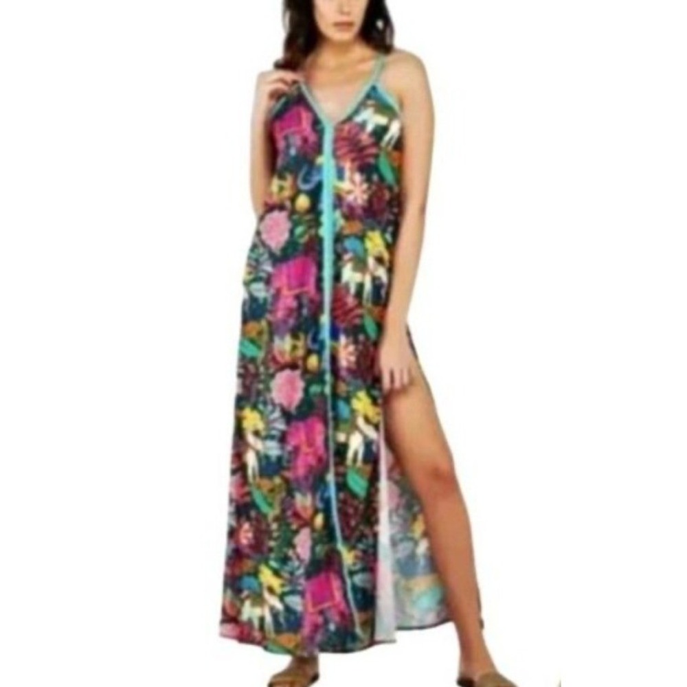 America &‎ Beyond Majestic Nights Floral Print Maxi Dress Boho V-Neck Medium